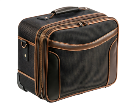 Fabric suitcase with brown leather trim isolated on a transparent background