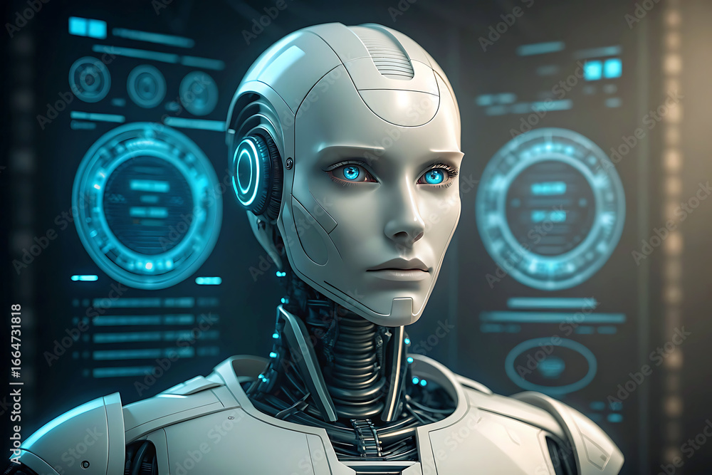 Aufkleber futuristic ai humanoid with glowing blue eyes and tech interface represents artificial intelligence 