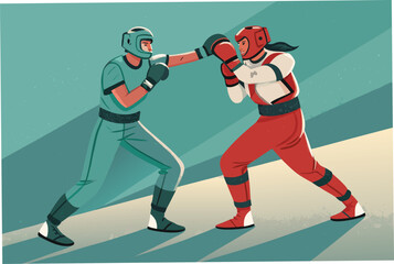 Kickboxing sparring practice in protective gear.