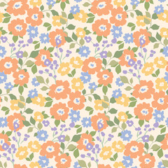 Seamless floral pattern, liberty ditsy print with a delicate blooming meadow in a retro motif. Cute botanical design of small hand drawn flowers, tiny leaves, simple mini plants. Vector illustration. © Yulya i Kot