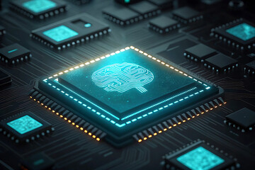 Futuristic Artificial Intelligence Microchip with Glowing Brain Circuitry Represents Cutting Edge Technology and Innovation in Computer Science and Machine Learning
