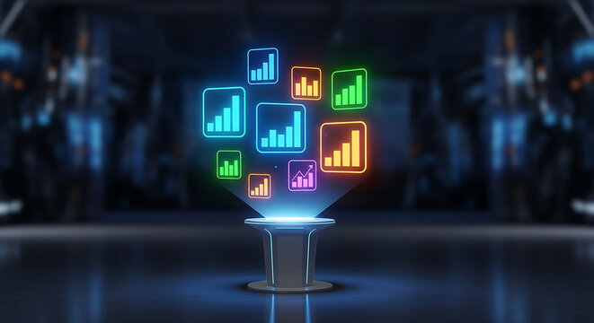 Holographic charts displaying financial data and business growth