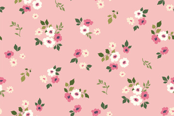 Seamless floral pattern, liberty ditsy print in cute pink tones. Pretty fond botanical surface design of small hand drawn daisy flowers, tiny leaves, simple mini bouquets. Vector illustration. © Yulya i Kot