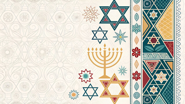 Abstract geometric borders inspired by Jewish art motifs for Hanukkah with copy space