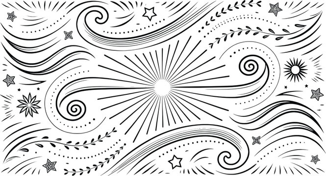 Whimsical hand drawn swirls stars and sunburst pattern