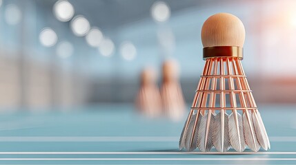 Detailed view of a badminton shuttlecock.