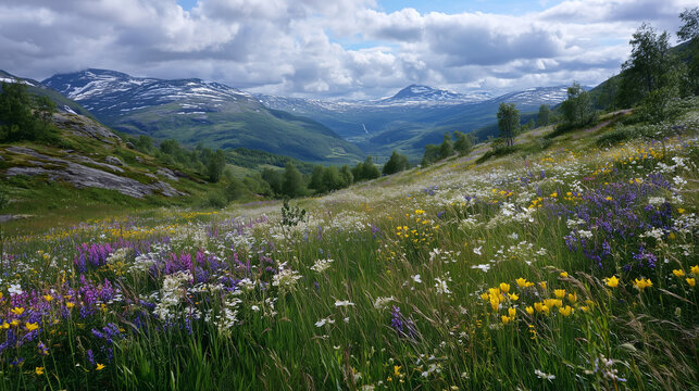 Wildflower meadow on hillside in Norway&rsquo;s summer