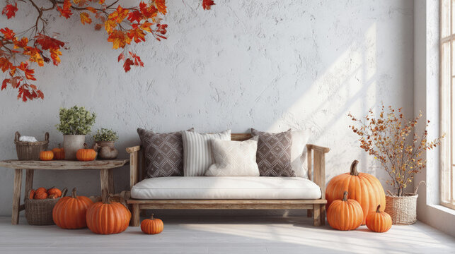 Cozy autumn living room with pumpkins, rustic decor and natural light, capturing a warm seasonal atmosphere perfect for Thanksgiving or fall themes.