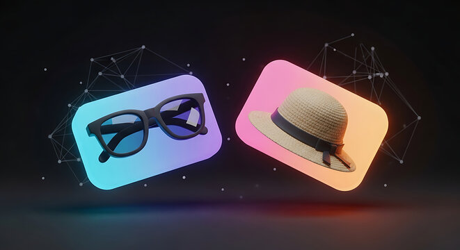 Stylish sunglasses and straw hat floating with glowing network connections - Powered by Adobe