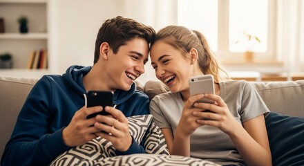 Digital Connection: A young couple shares laughter and a moment of connection, engrossed in their smartphones while relaxing on a cozy sofa in a modern home setting.