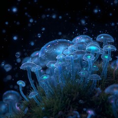 Obraz premium Glowing Microscopic Fungi Colony — Ultra Realistic Electron Microscope Fantasy