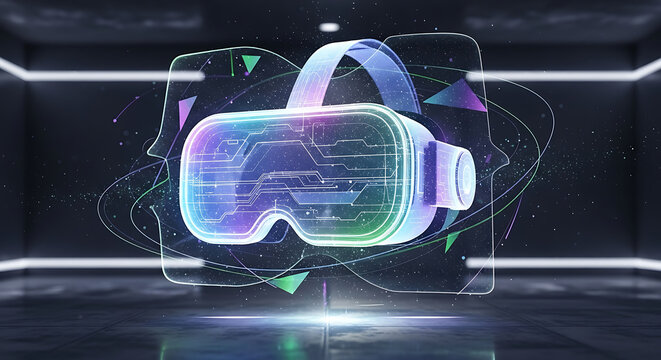 Virtual reality headset with colorful digital particles in a futuristic setting
