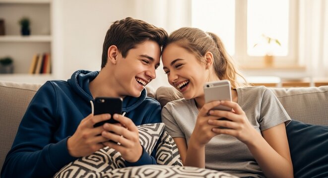 Digital Connection: A young couple shares laughter and a moment of connection, engrossed in their smartphones while relaxing on a cozy sofa in a modern home setting. - Powered by Adobe