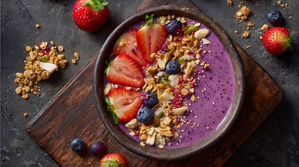 Healthy Breakfast Smoothie Bowl with Strawberries, Blueberries and Granola