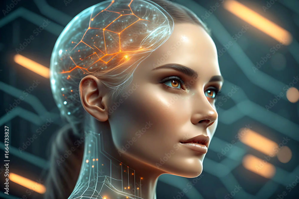 Aufkleber futuristic female ai with neural network brain connection and digital interface high tech concept fo