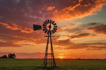 Rural windmill silhouetted against dramatic sunset sky clouds