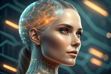 Futuristic Female AI with Neural Network Brain Connection and Digital Interface High Tech Concept for Innovation