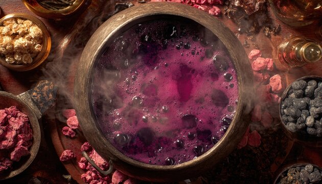 Bubbling purple potion brewing inside cast iron cauldron, scattered magical ingredients nearby, evoking mystical fantasy halloween scene - Powered by Adobe