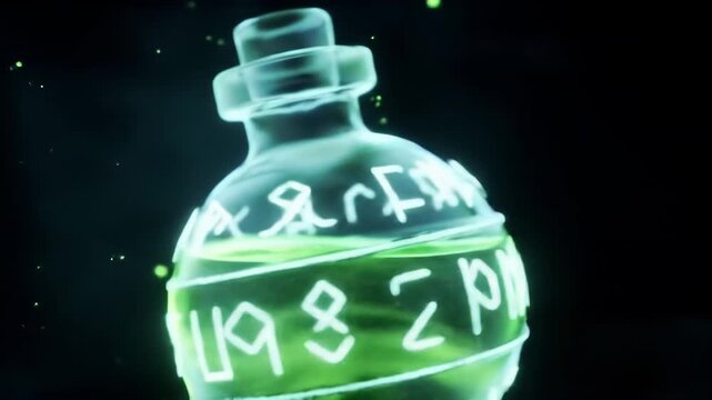 Glowing Bottle with Mysterious Liquid and Runes Floating Particles