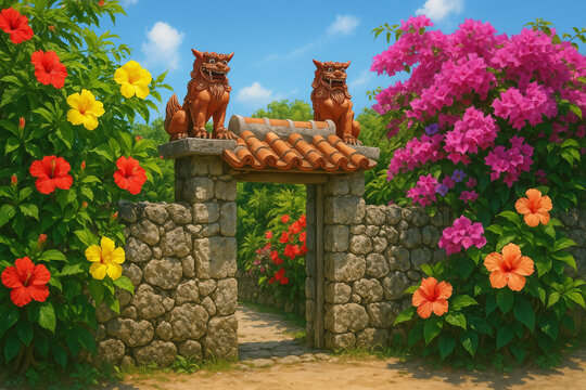 Traditional Okinawan stone wall with shisa guardian statues