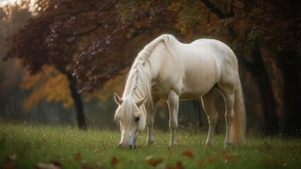 Obraz premium Luminous White Horse Grazing Peacefully in a Hazy Autumn Meadow at Golden Hour