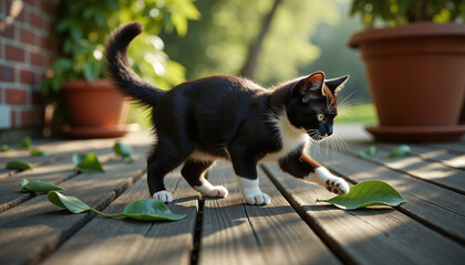 Black cat exploring wooden porch with leaves in a sunny garden  