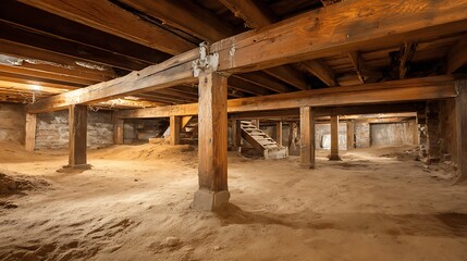 Exploring Old Crawl Space Interior with Wooden Beams and Support