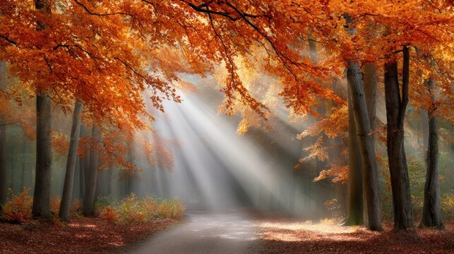 Soft golden light filtering through misty woodland, casting warm glow on leaf strewn forest path during tranquil autumn morning - Powered by Adobe