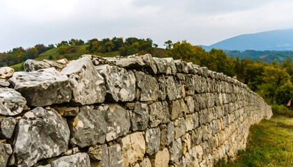 A long, ancient stone wall stretches across a landscape, its rough-hewn stones reflecting the light, showcasing a historical panorama.