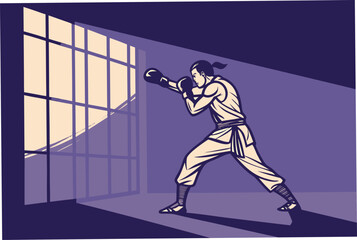 Martial artist practicing shadow boxing alone in a dojo.