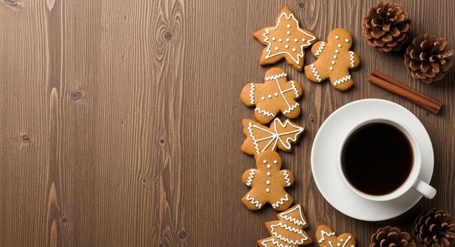 Overhead view of gingerbread cookies, coffee, pine cones, and cinnamon sticks arranged on a wooden surface.