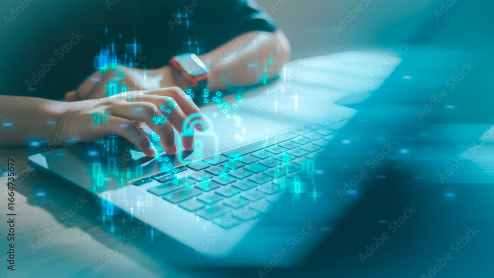 Poster hands typing on laptop with digital lock icon and binary code, concept of cybersecurity, data breach