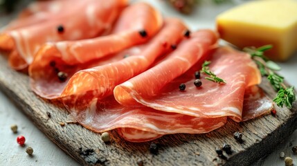 Thinly sliced cured meats beautifully arranged on a wooden board with spices and herbs