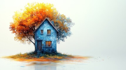 A blue house and a vibrant autumn tree create a serene scene