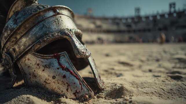 Blood-stained gladiator helmet lying in sandy arena