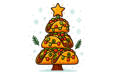 Creative Christmas tree illustration made from stacked tacos decorated with ornaments and star