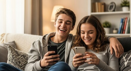 Shared digital moments: A cheerful couple, caught in a moment of shared delight while using their smartphones on a cozy sofa, reflecting connection and modern lifestyle.
