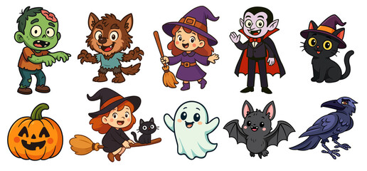 Halloween characters cartoon illustrations set. Funny cute monsters drawings collection.