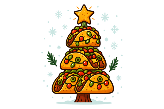 Creative Christmas tree illustration made from stacked tacos decorated with ornaments and star