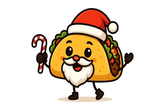 Cute taco cartoon character dressed as Santa Claus holding candy cane for Christmas artwork