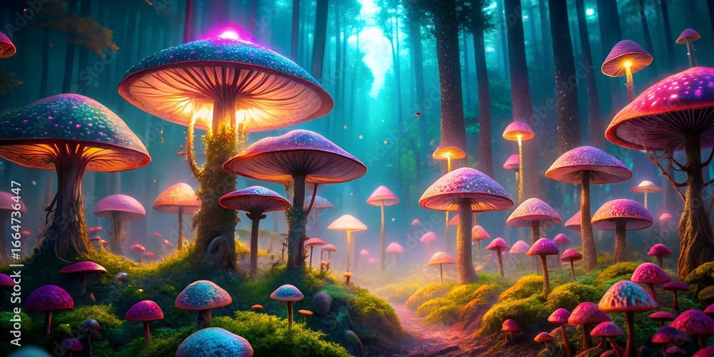 Poster a magical forest filled with glowing mushrooms, creating a vibrant and enchanting scene with lush fo