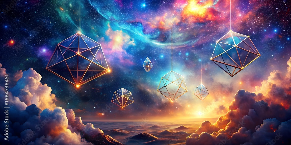 Poster a breathtaking view of geometric shapes floating amidst a vibrant nebula, creating a surreal and eth