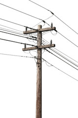 Wooden utility pole with crossarm, multiple electrical wires, and insulators, isolated on transparent background.