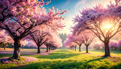 Springtime Cherry Blossom Trees in a Sunny Park.