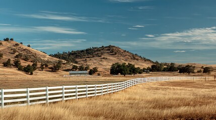 Rural Landscape View of Golden Field and White Fence in Countryside