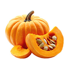 Obraz premium A vibrant orange pumpkin displays its seeds and slices 
