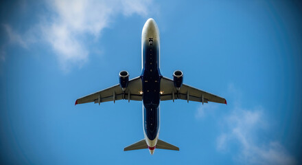 Underside view of a commercial jet in flight against blue sky. showcasing aerodynamic design, motion, and engineering precision.