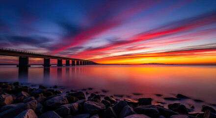 Modern bridge stretching across a tranquil bay at sunset. vibrant sky reflections and rocky foreground evoke serenity and connection.
