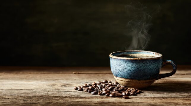 Steaming coffee in blue ceramic mug with beans on rustic wood surface
