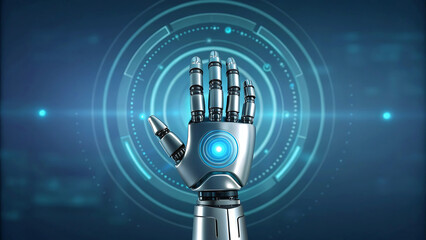 Futuristic robotic hand extending in digital space representing artificial intelligence and machine learning progress and technology development for automated solutions